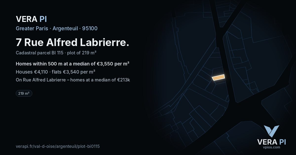7 Rue Alfred Labrierre, Argenteuil at night – the plot lit, the parcels around coloured by the prices near them