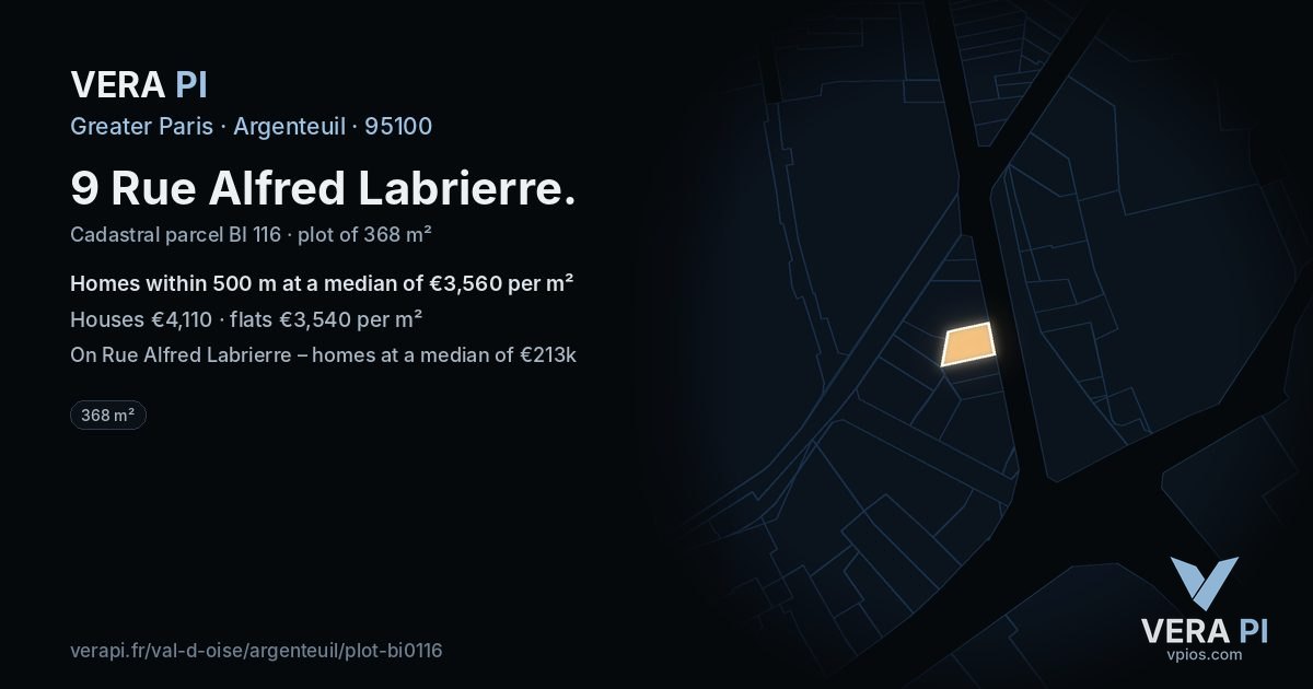9 Rue Alfred Labrierre, Argenteuil at night – the plot lit, the parcels around coloured by the prices near them