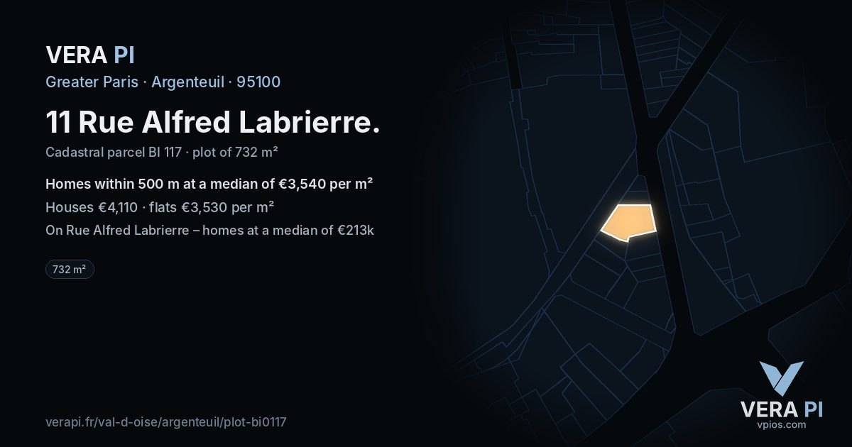 11 Rue Alfred Labrierre, Argenteuil at night – the plot lit, the parcels around coloured by the prices near them
