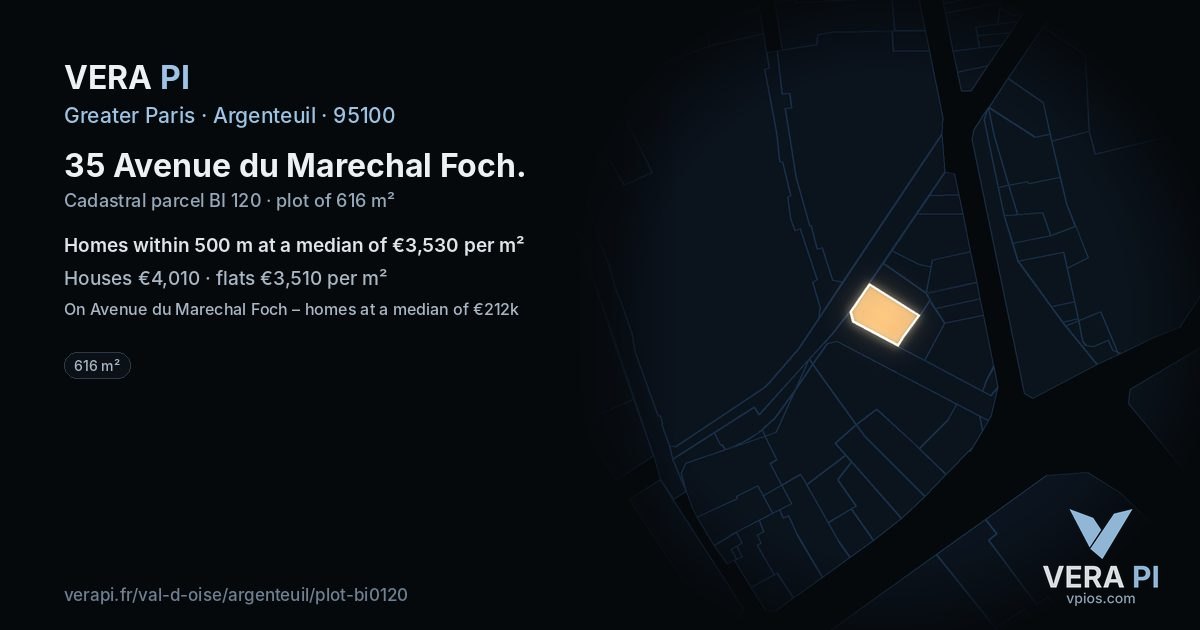 35 Avenue du Marechal Foch, Argenteuil at night – the plot lit, the parcels around coloured by the prices near them