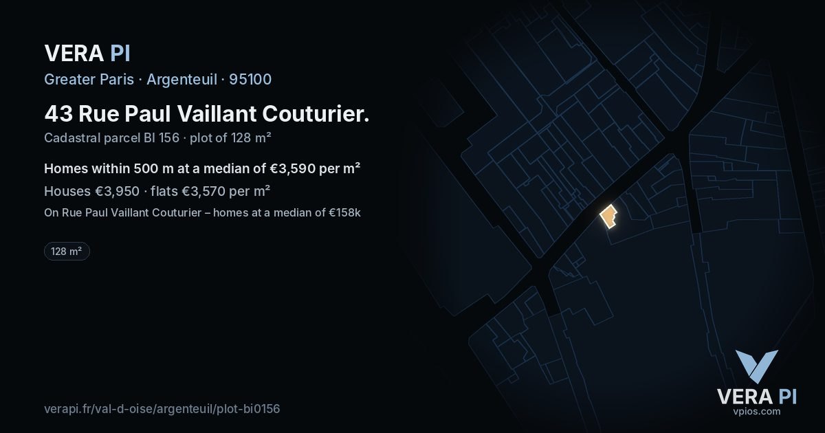 43 Rue Paul Vaillant Couturier, Argenteuil at night – the plot lit, the parcels around coloured by the prices near them