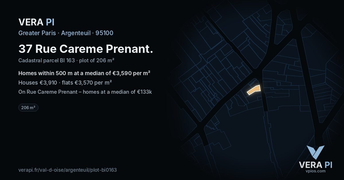 37 Rue Careme Prenant, Argenteuil at night – the plot lit, the parcels around coloured by the prices near them