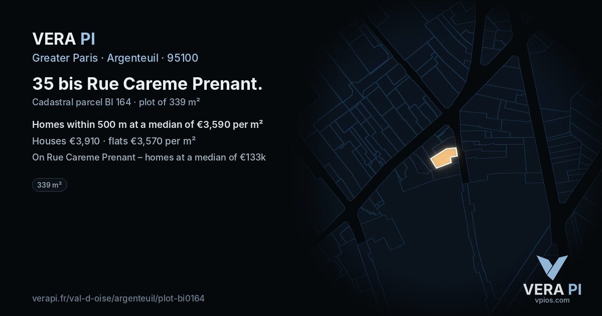 35 bis Rue Careme Prenant, Argenteuil at night – the plot lit, the parcels around coloured by the prices near them