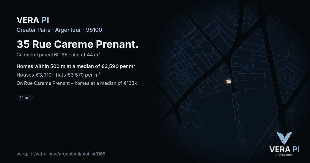 35 Rue Careme Prenant, Argenteuil at night – the plot lit, the parcels around coloured by the prices near them