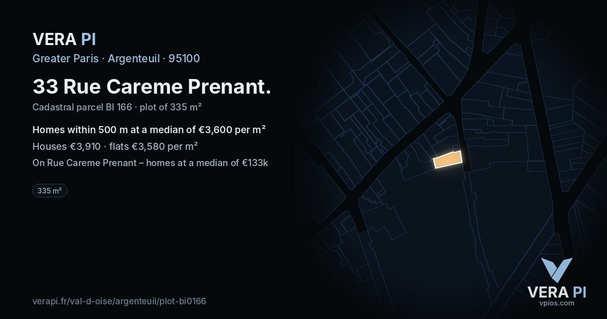 33 Rue Careme Prenant, Argenteuil at night – the plot lit, the parcels around coloured by the prices near them