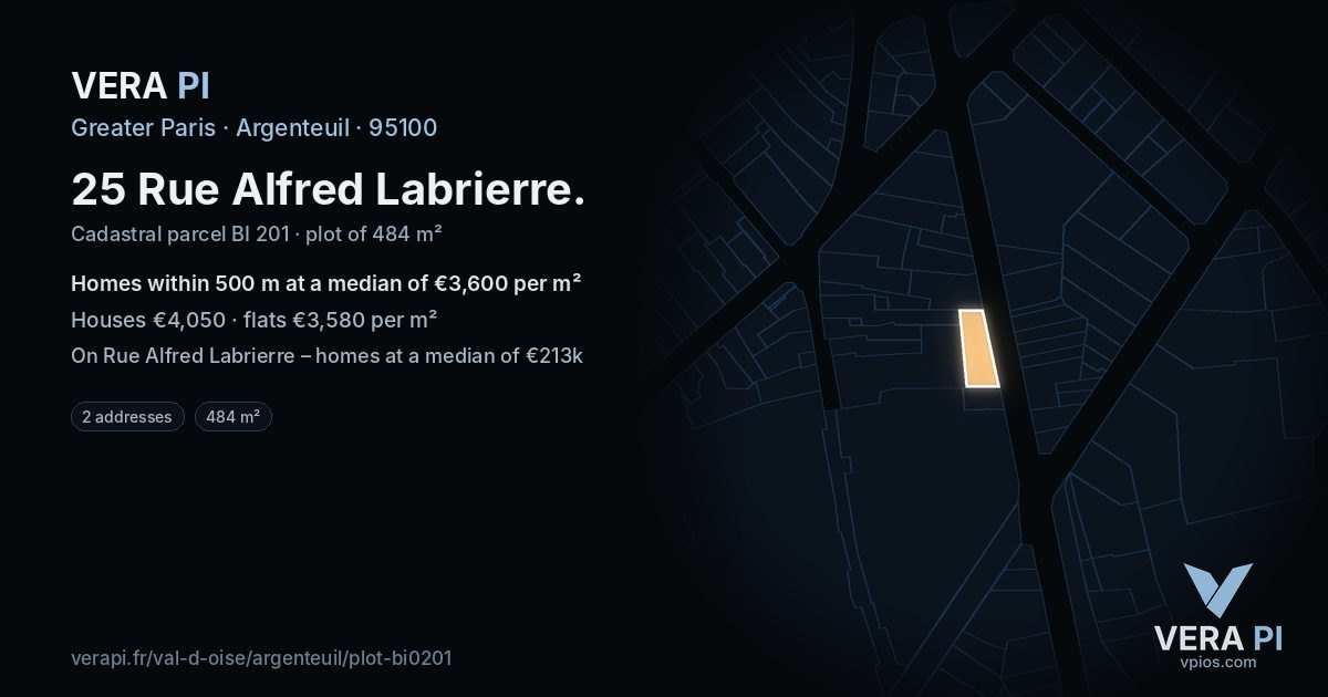 25 Rue Alfred Labrierre, Argenteuil at night – the plot lit, the parcels around coloured by the prices near them