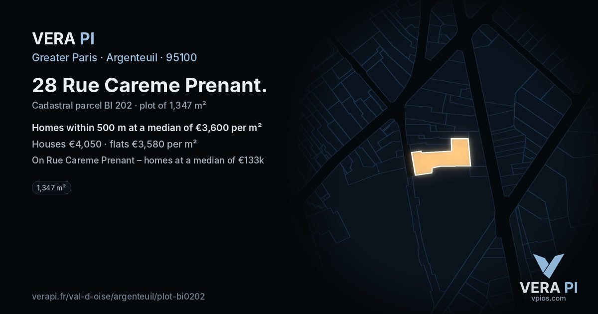 28 Rue Careme Prenant, Argenteuil at night – the plot lit, the parcels around coloured by the prices near them