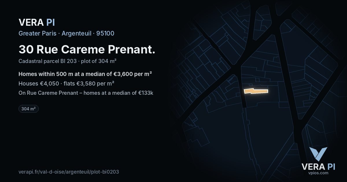 30 Rue Careme Prenant, Argenteuil at night – the plot lit, the parcels around coloured by the prices near them