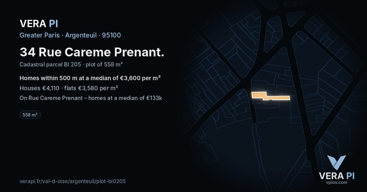 34 Rue Careme Prenant, Argenteuil at night – the plot lit, the parcels around coloured by the prices near them