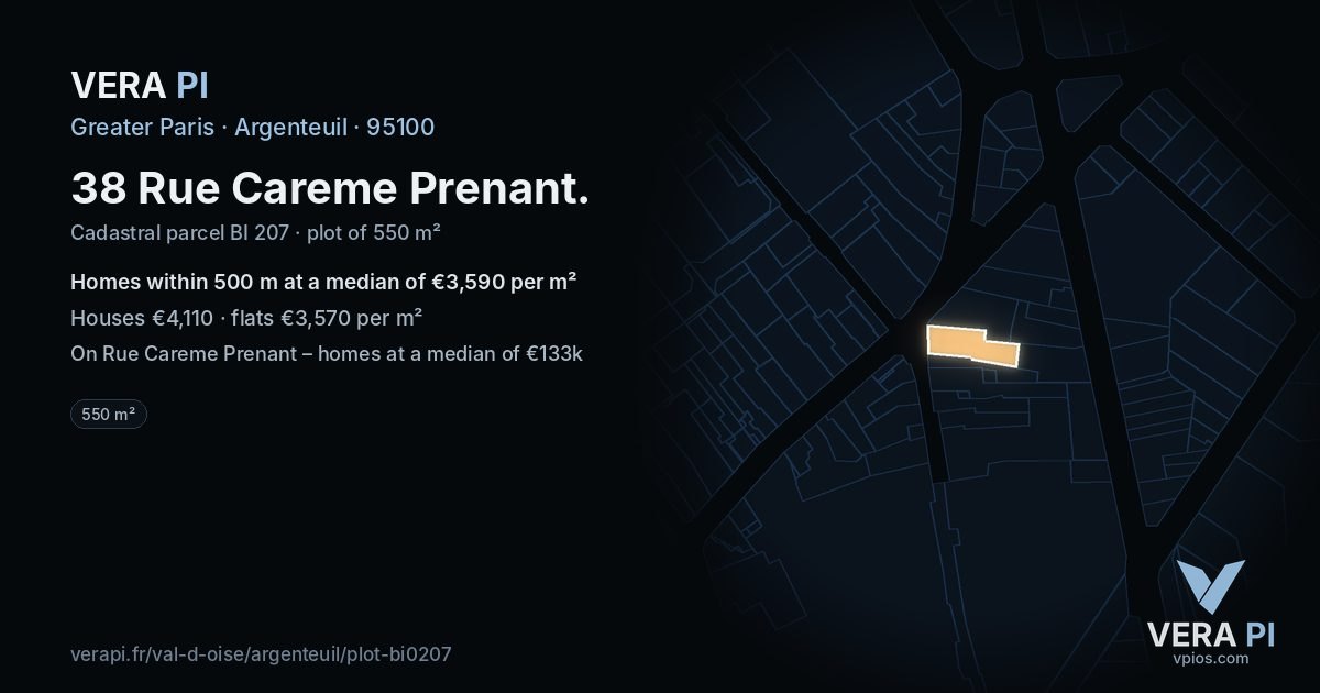 38 Rue Careme Prenant, Argenteuil at night – the plot lit, the parcels around coloured by the prices near them