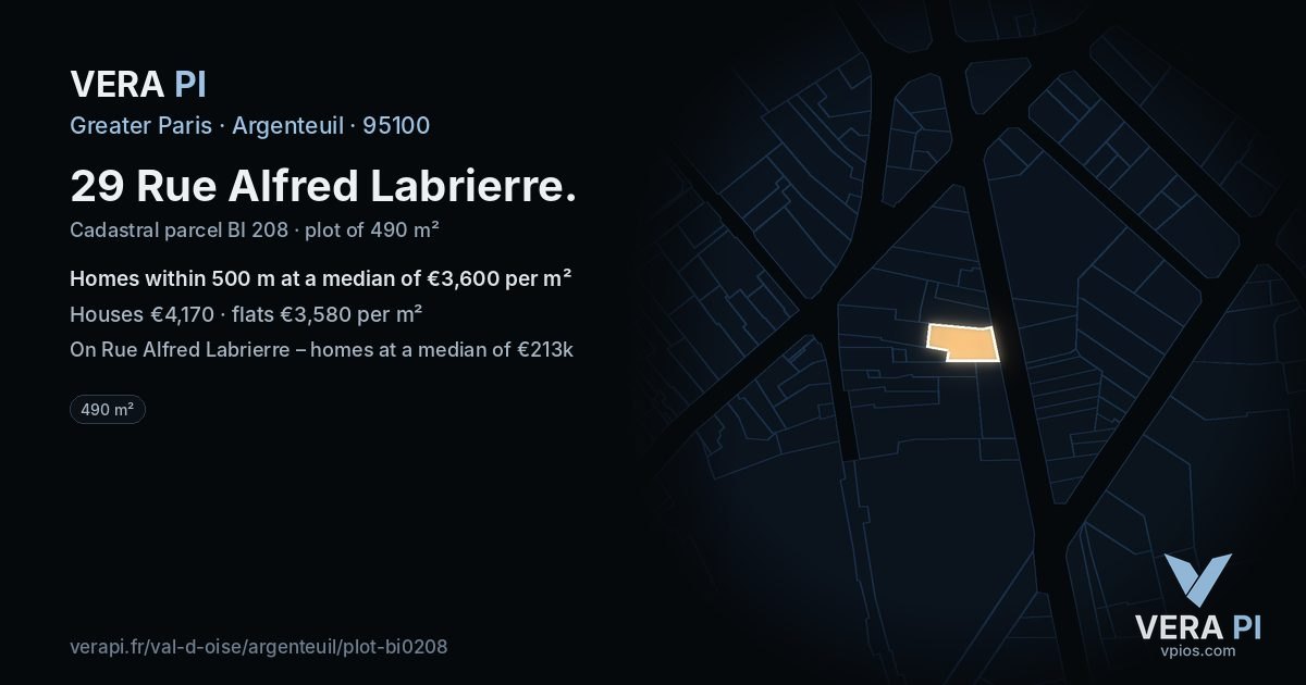 29 Rue Alfred Labrierre, Argenteuil at night – the plot lit, the parcels around coloured by the prices near them