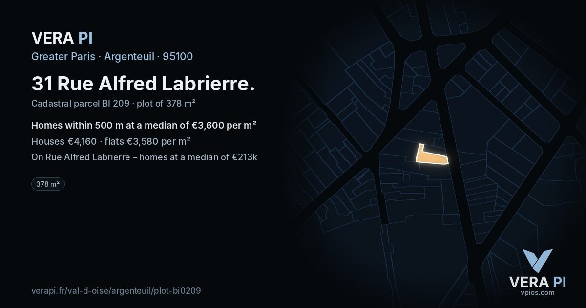 31 Rue Alfred Labrierre, Argenteuil at night – the plot lit, the parcels around coloured by the prices near them