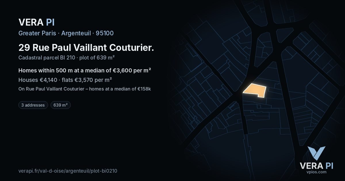 29 Rue Paul Vaillant Couturier, Argenteuil at night – the plot lit, the parcels around coloured by the prices near them