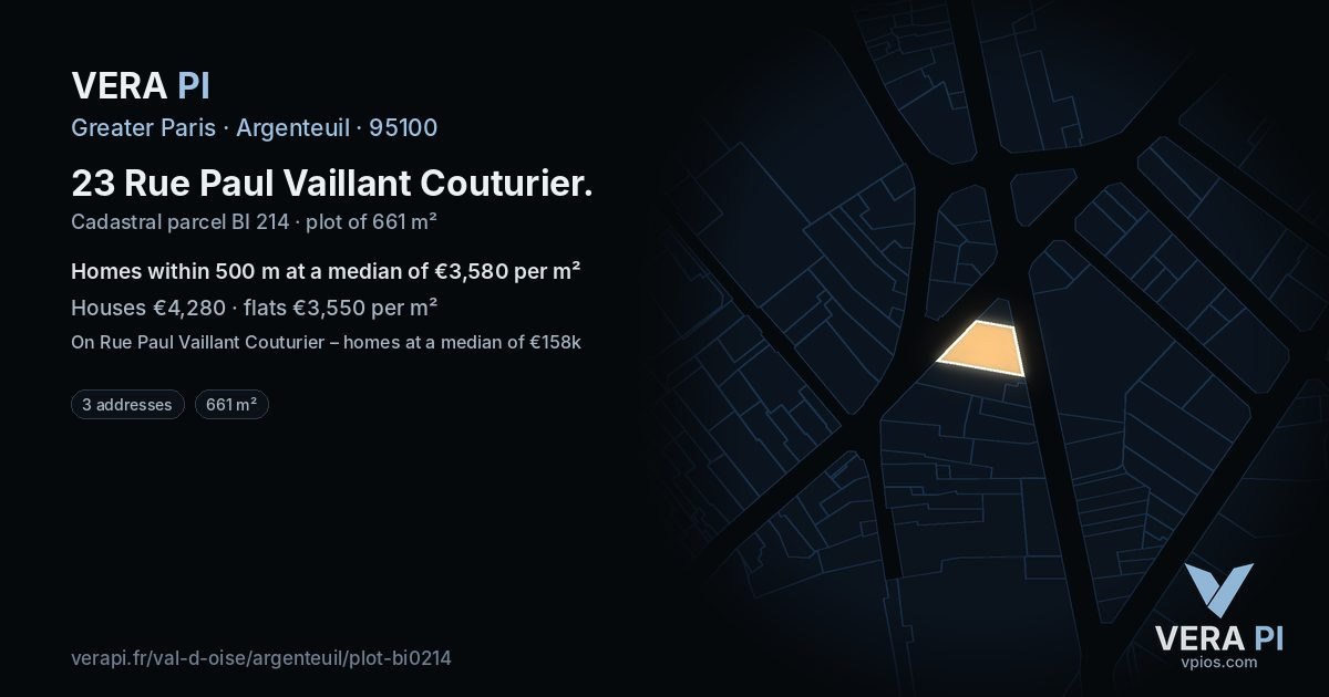 23 Rue Paul Vaillant Couturier, Argenteuil at night – the plot lit, the parcels around coloured by the prices near them