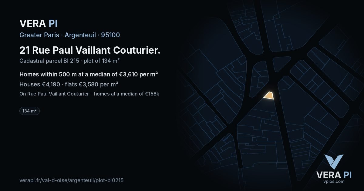 21 Rue Paul Vaillant Couturier, Argenteuil at night – the plot lit, the parcels around coloured by the prices near them