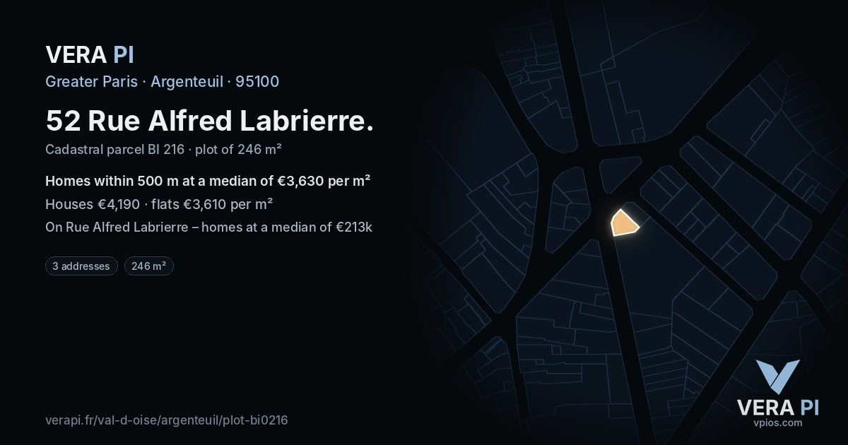 52 Rue Alfred Labrierre, Argenteuil at night – the plot lit, the parcels around coloured by the prices near them