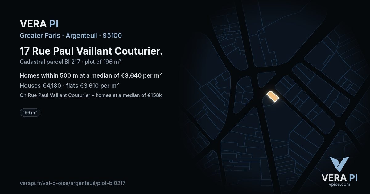17 Rue Paul Vaillant Couturier, Argenteuil at night – the plot lit, the parcels around coloured by the prices near them