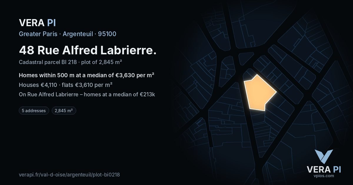 48 Rue Alfred Labrierre, Argenteuil at night – the plot lit, the parcels around coloured by the prices near them