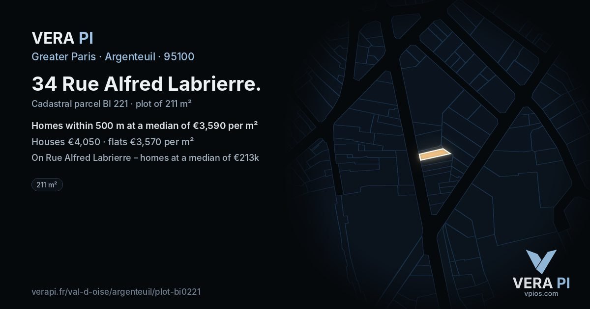 34 Rue Alfred Labrierre, Argenteuil at night – the plot lit, the parcels around coloured by the prices near them