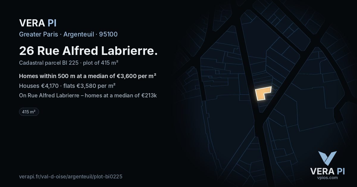 26 Rue Alfred Labrierre, Argenteuil at night – the plot lit, the parcels around coloured by the prices near them