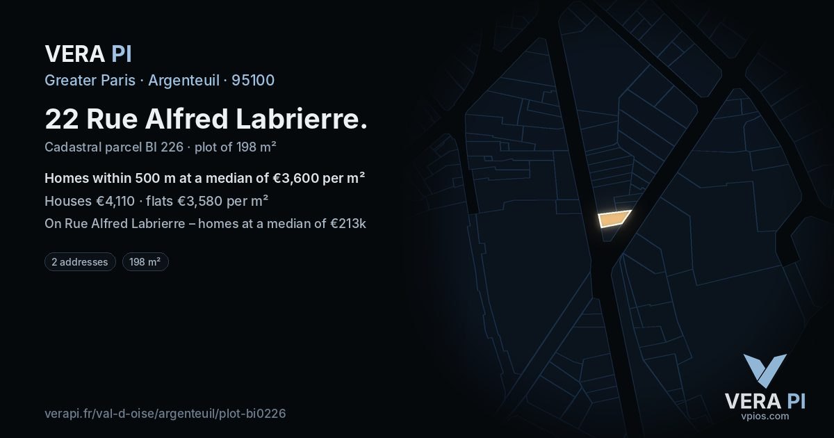 22 Rue Alfred Labrierre, Argenteuil at night – the plot lit, the parcels around coloured by the prices near them