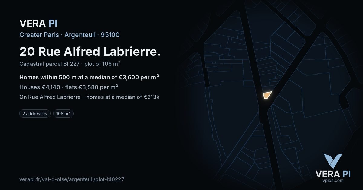 20 Rue Alfred Labrierre, Argenteuil at night – the plot lit, the parcels around coloured by the prices near them