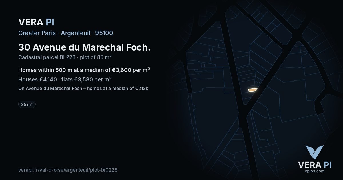 30 Avenue du Marechal Foch, Argenteuil at night – the plot lit, the parcels around coloured by the prices near them