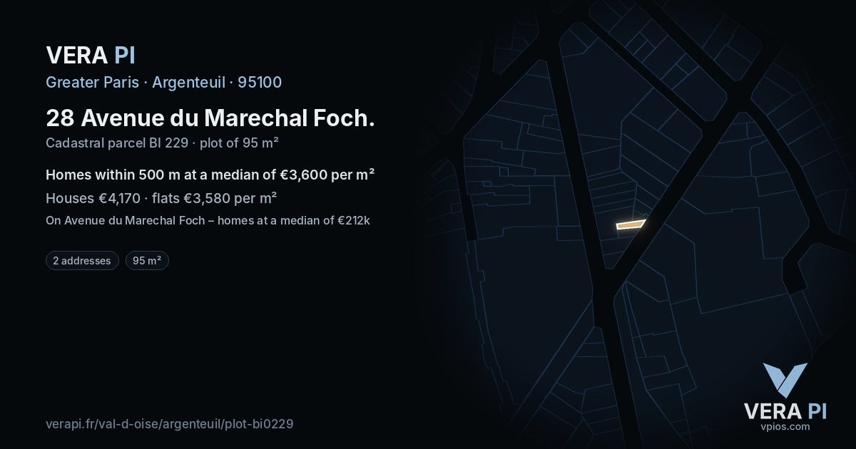 28 Avenue du Marechal Foch, Argenteuil at night – the plot lit, the parcels around coloured by the prices near them