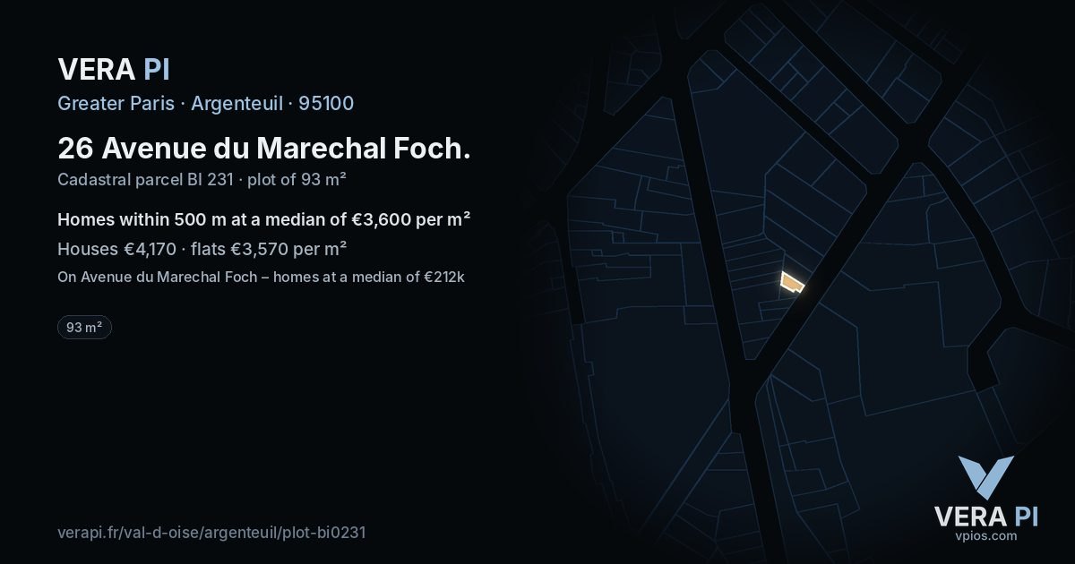 26 Avenue du Marechal Foch, Argenteuil at night – the plot lit, the parcels around coloured by the prices near them