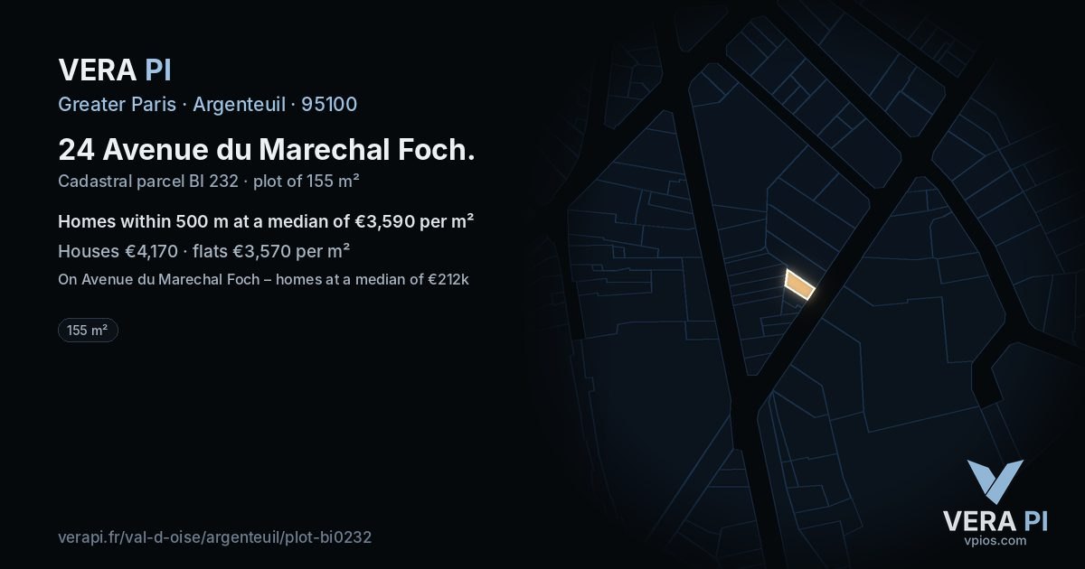24 Avenue du Marechal Foch, Argenteuil at night – the plot lit, the parcels around coloured by the prices near them