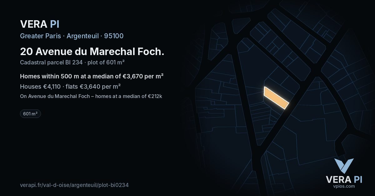 20 Avenue du Marechal Foch, Argenteuil at night – the plot lit, the parcels around coloured by the prices near them