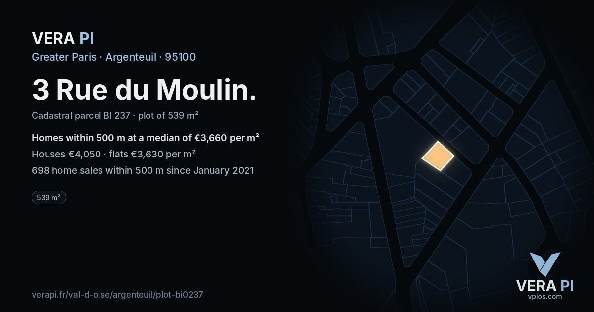 3 Rue du Moulin, Argenteuil at night – the plot lit, the parcels around coloured by the prices near them