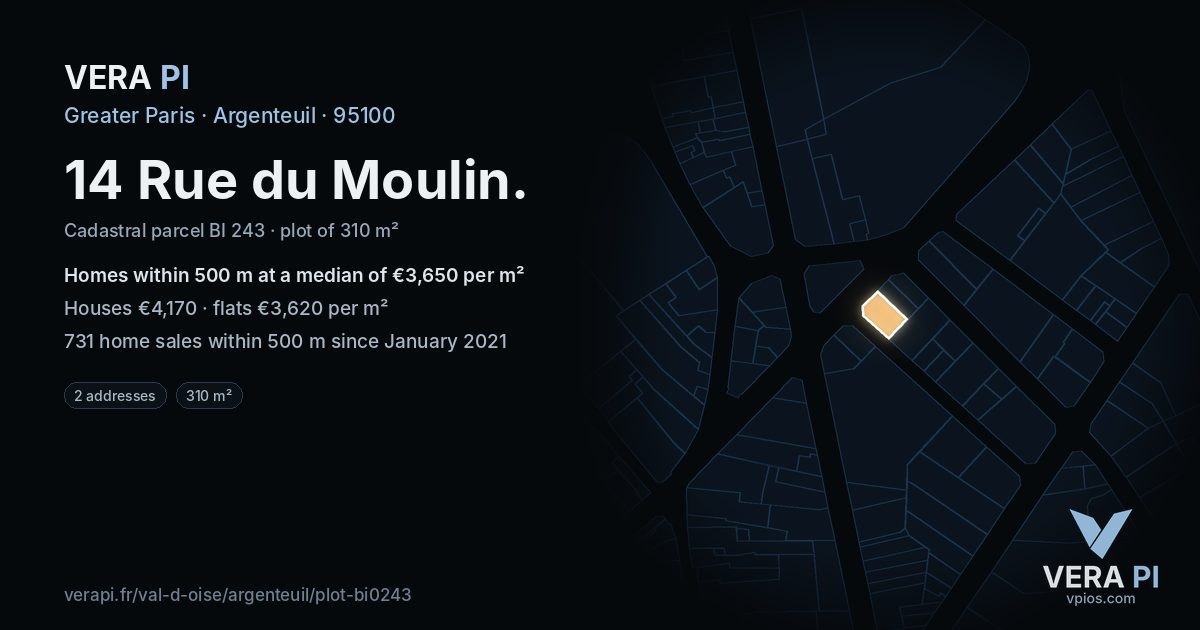 14 Rue du Moulin, Argenteuil at night – the plot lit, the parcels around coloured by the prices near them