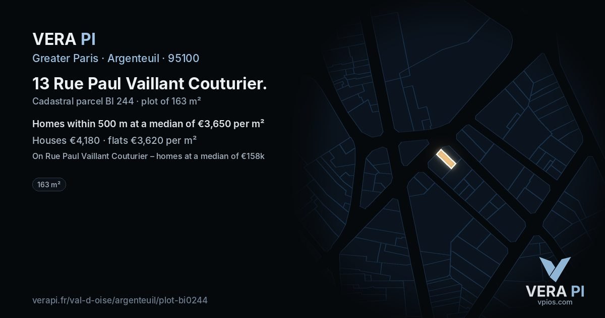 13 Rue Paul Vaillant Couturier, Argenteuil at night – the plot lit, the parcels around coloured by the prices near them