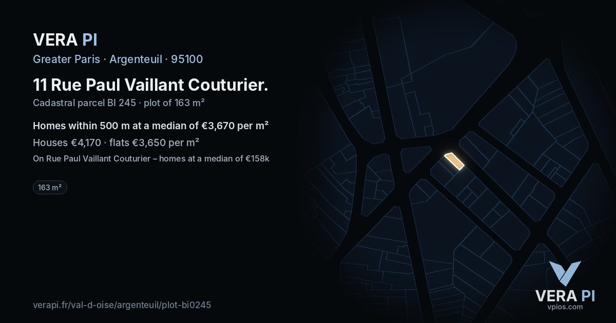 11 Rue Paul Vaillant Couturier, Argenteuil at night – the plot lit, the parcels around coloured by the prices near them