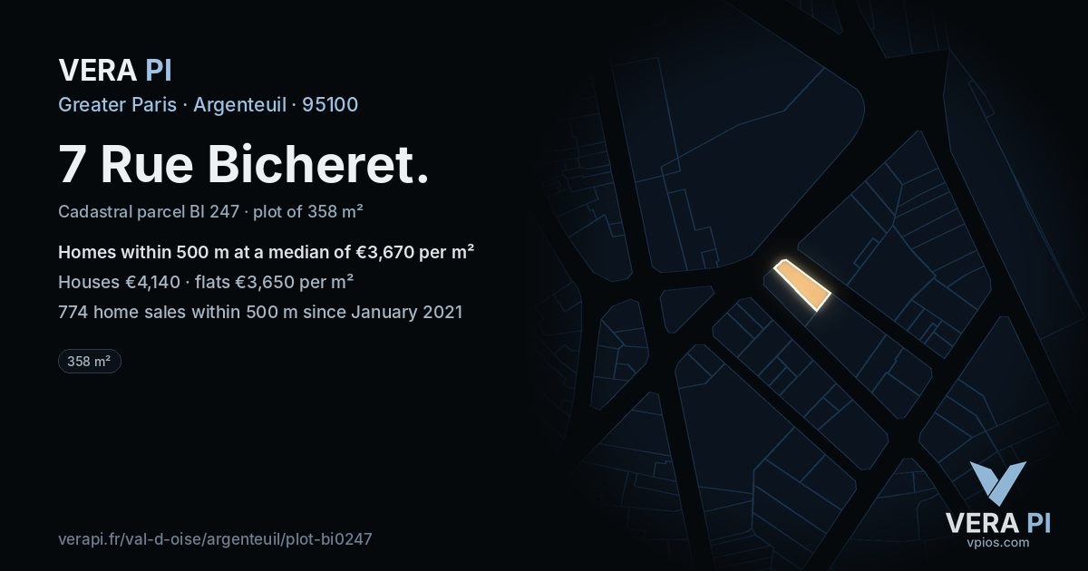 7 Rue Bicheret, Argenteuil at night – the plot lit, the parcels around coloured by the prices near them
