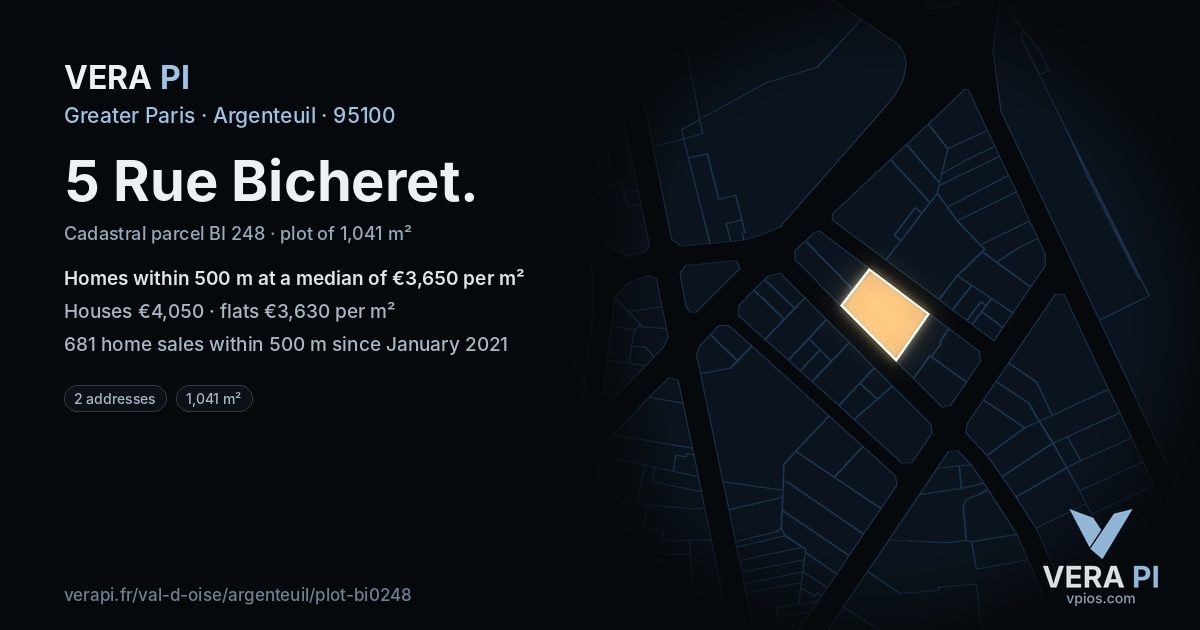 5 Rue Bicheret, Argenteuil at night – the plot lit, the parcels around coloured by the prices near them