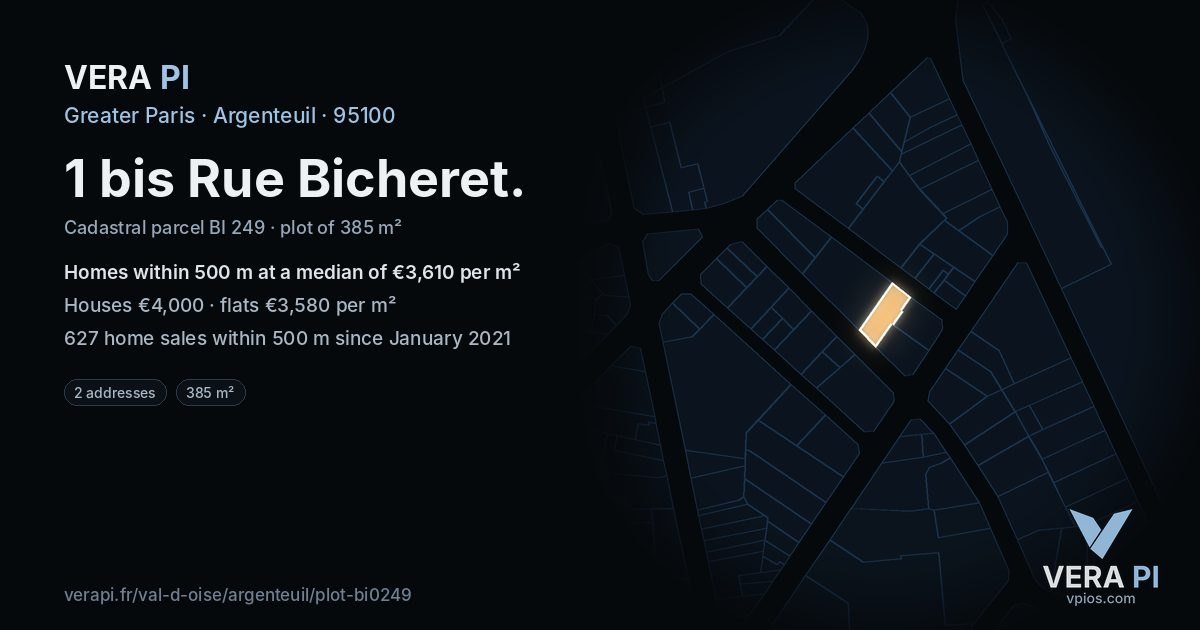 1 bis Rue Bicheret, Argenteuil at night – the plot lit, the parcels around coloured by the prices near them