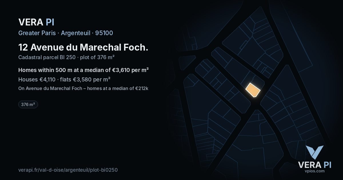 12 Avenue du Marechal Foch, Argenteuil at night – the plot lit, the parcels around coloured by the prices near them