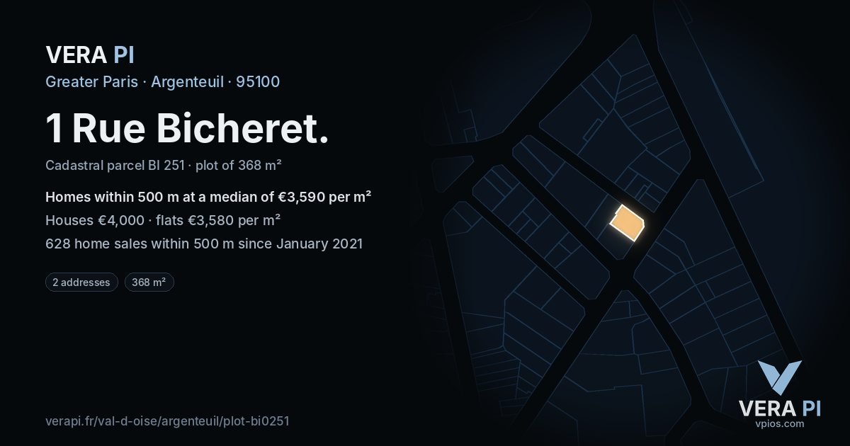 1 Rue Bicheret, Argenteuil at night – the plot lit, the parcels around coloured by the prices near them