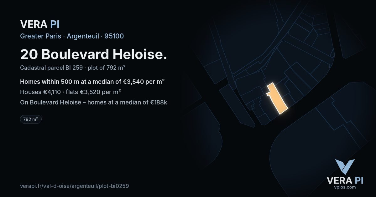 20 Boulevard Heloise, Argenteuil at night – the plot lit, the parcels around coloured by the prices near them