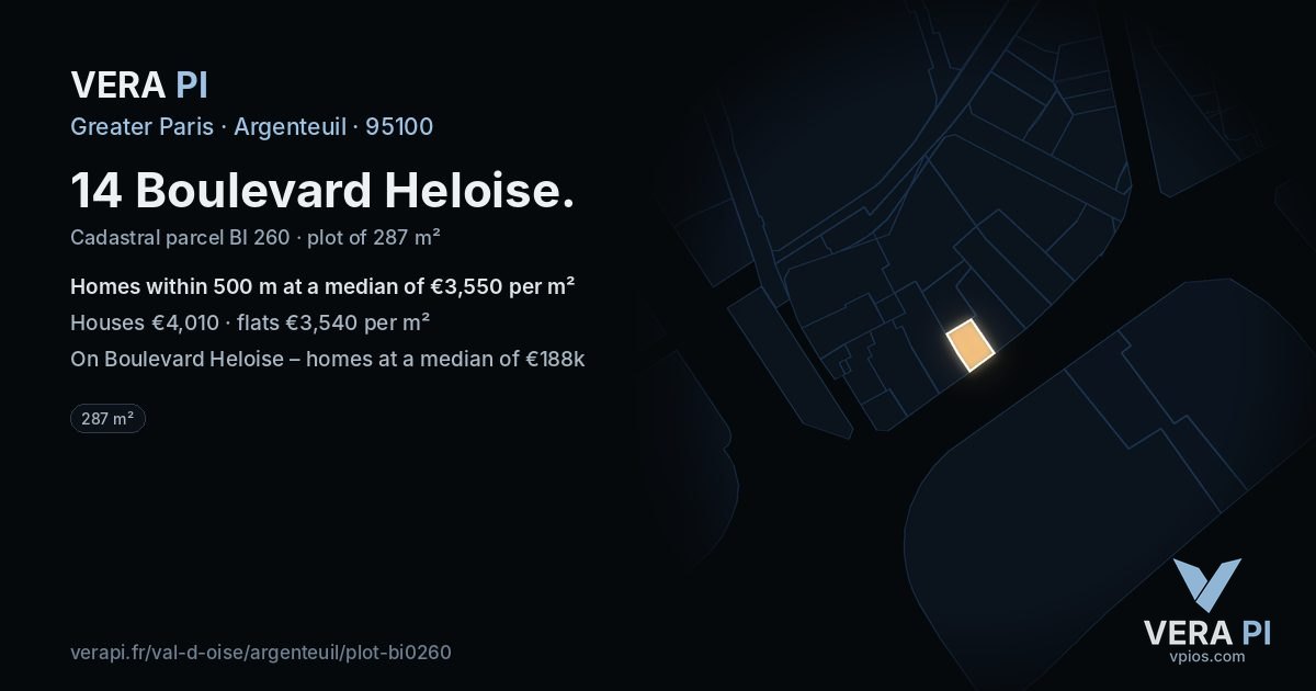 14 Boulevard Heloise, Argenteuil at night – the plot lit, the parcels around coloured by the prices near them
