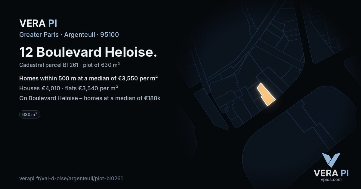 12 Boulevard Heloise, Argenteuil at night – the plot lit, the parcels around coloured by the prices near them