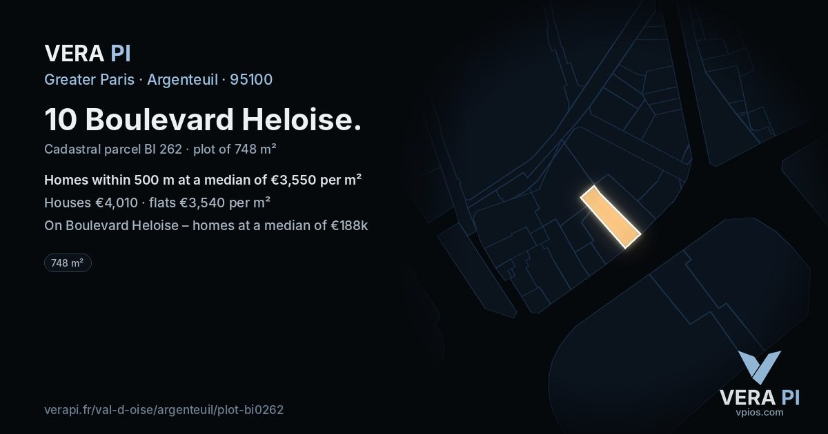 10 Boulevard Heloise, Argenteuil at night – the plot lit, the parcels around coloured by the prices near them