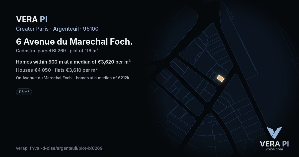 6 Avenue du Marechal Foch, Argenteuil at night – the plot lit, the parcels around coloured by the prices near them