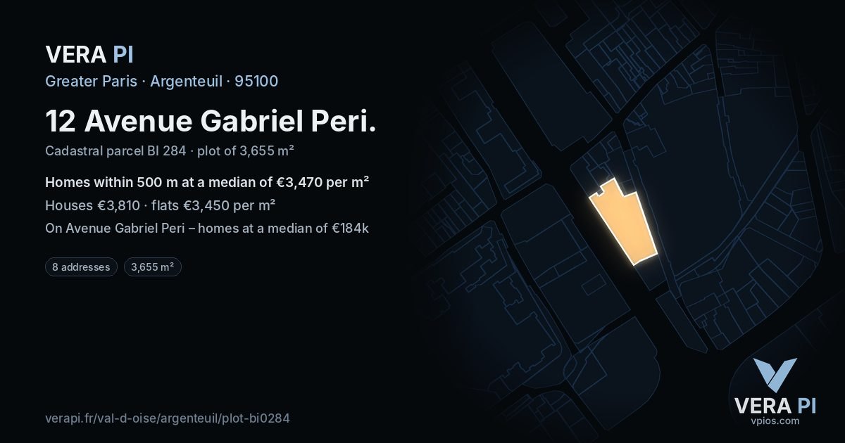 12 Avenue Gabriel Peri, Argenteuil at night – the plot lit, the parcels around coloured by the prices near them
