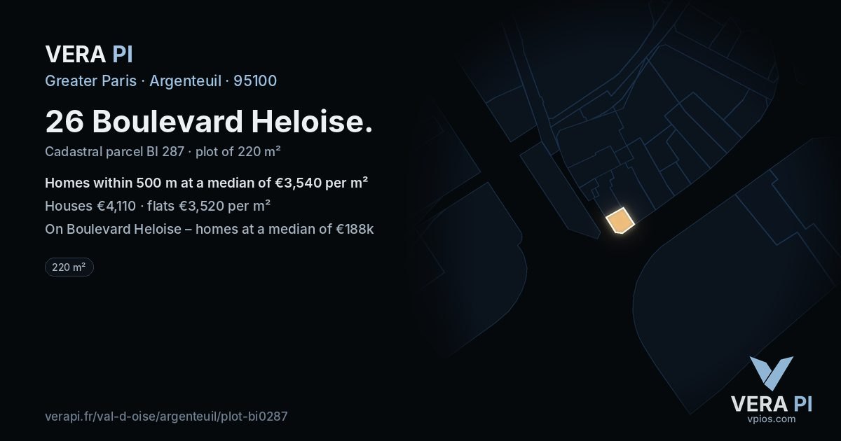 26 Boulevard Heloise, Argenteuil at night – the plot lit, the parcels around coloured by the prices near them