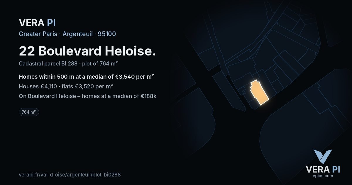 22 Boulevard Heloise, Argenteuil at night – the plot lit, the parcels around coloured by the prices near them