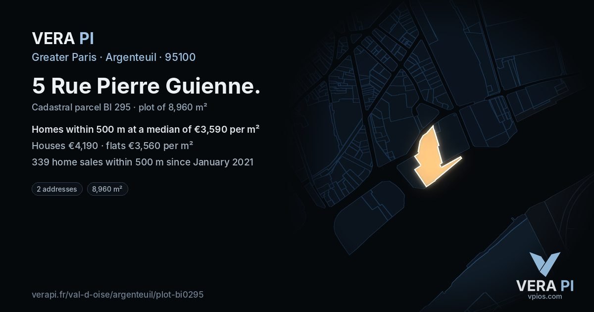 5 Rue Pierre Guienne, Argenteuil at night – the plot lit, the parcels around coloured by the prices near them