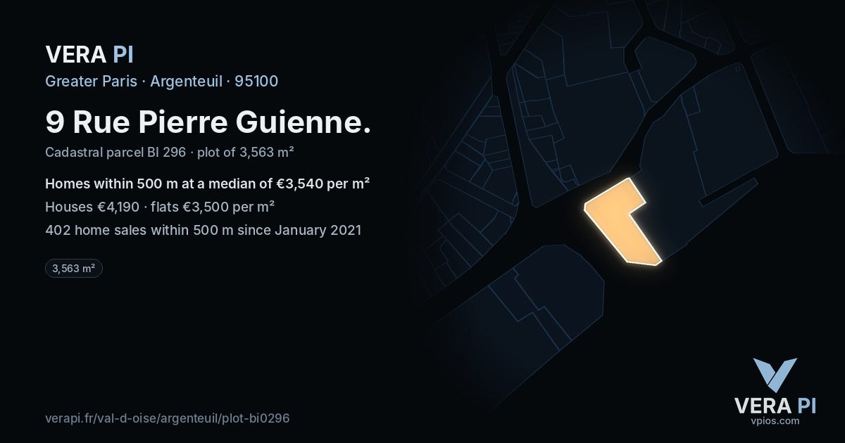 9 Rue Pierre Guienne, Argenteuil at night – the plot lit, the parcels around coloured by the prices near them